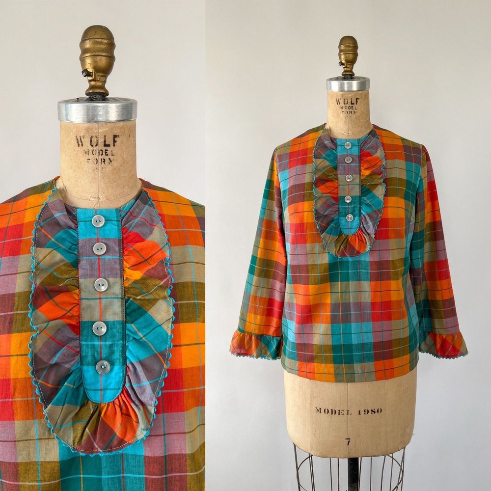 Vintage 1960s Refashioned Orange Fall Multi Plaid Cotton Ruffled Blouse XS S